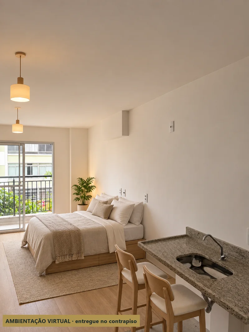 Apartamento 33: bancada da cozinha com móveis — ambientação virtual sobre a foto real