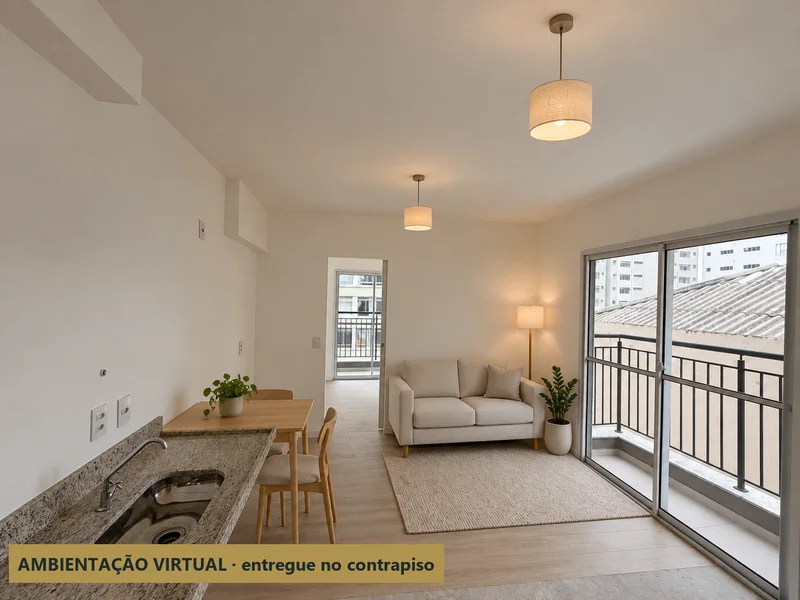 Apartamento 51: sala com bancada e varanda com móveis — ambientação virtual sobre a foto real