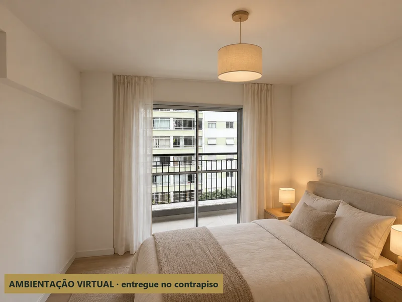 Apartamento 51: quarto com varanda com móveis — ambientação virtual sobre a foto real