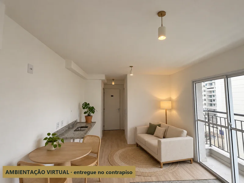 Apartamento 52: sala, bancada e varanda com móveis — ambientação virtual sobre a foto real