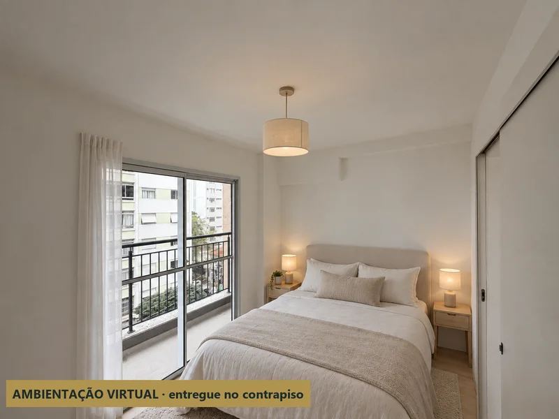Apartamento 52: quarto com varanda com móveis — ambientação virtual sobre a foto real