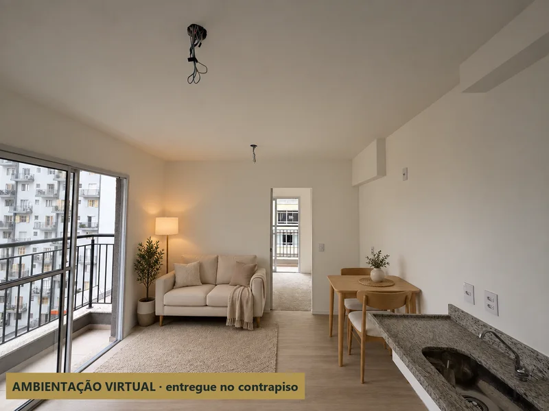 Apartamento 72: sala com varanda com móveis — ambientação virtual sobre a foto real