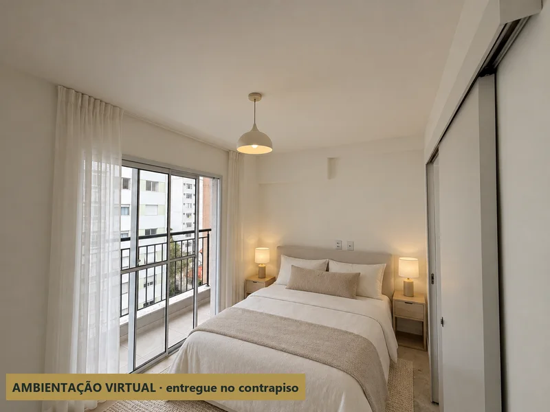 Apartamento 72: quarto com móveis — ambientação virtual sobre a foto real