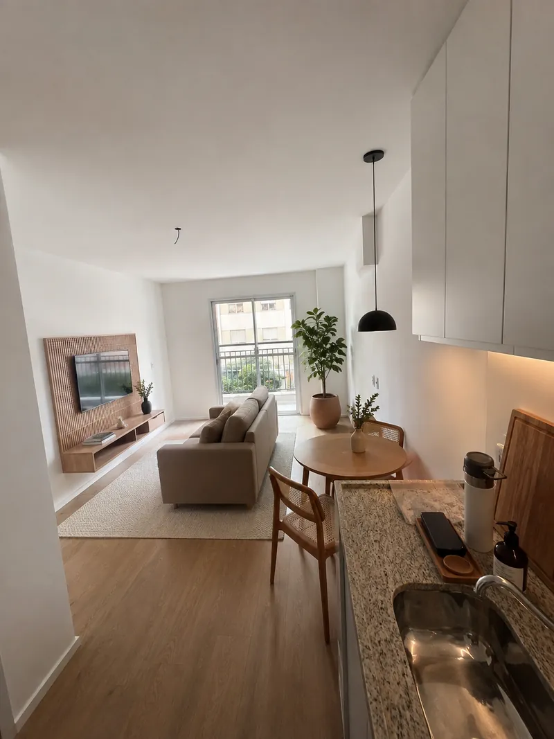 Mesmo studio de 26 m² com ambientação virtual: sofá, mesa e cozinha