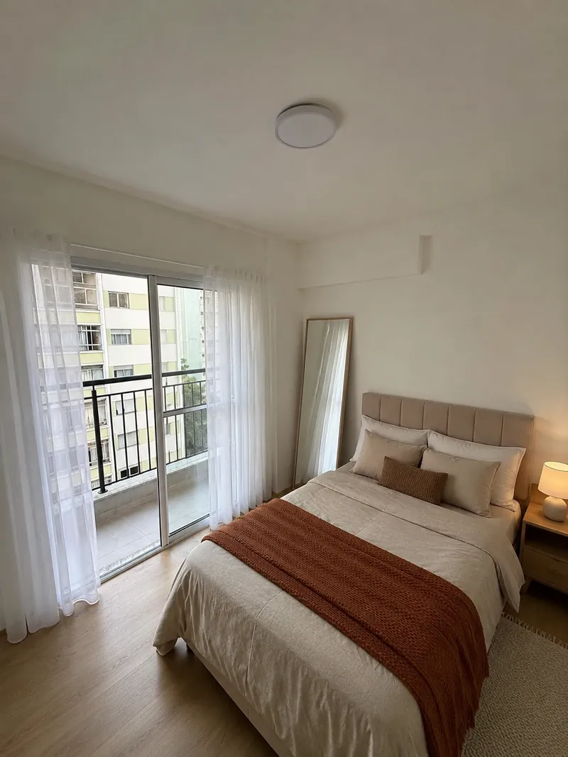 Mesmo dormitório com ambientação virtual: cama, cortinas e espelho